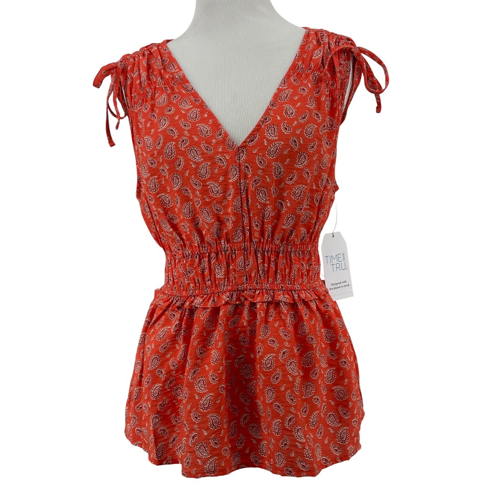 Time and Tru Size XS Paisley Peplum Top Red Smocked Waist Shoulder Tie Womens